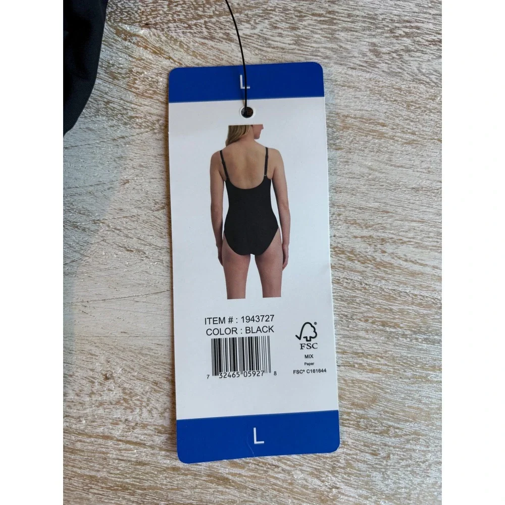 NWT DKNY One Piece Swimsuit Women Large Black Ruched Wrap Front Tummy Control - Picture 4 of 7